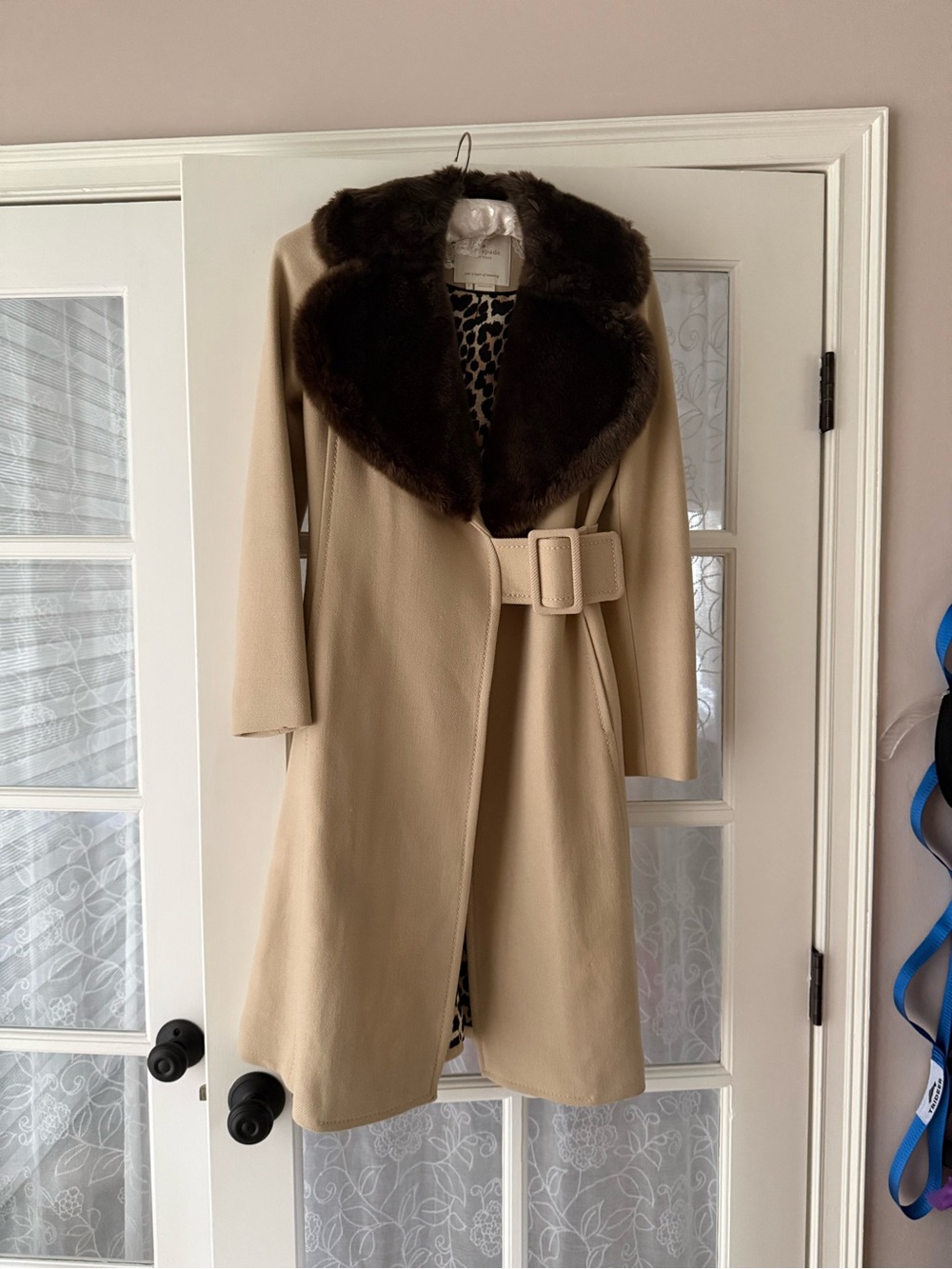 kate spade Beige Trench Coat with Dark Brown Faux Fur Collar